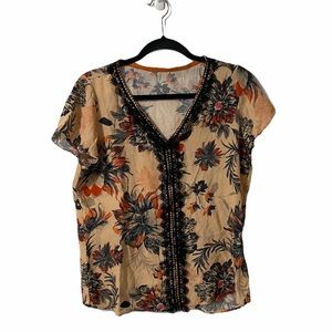 Pink Floral Blouse with Black Lace Details